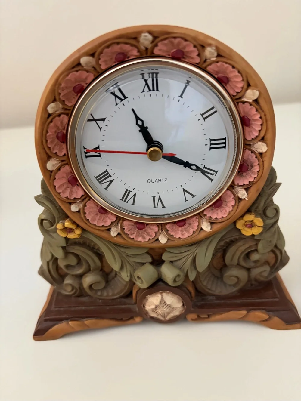 Ornate Floral Mantel Clock - Pink and Green
